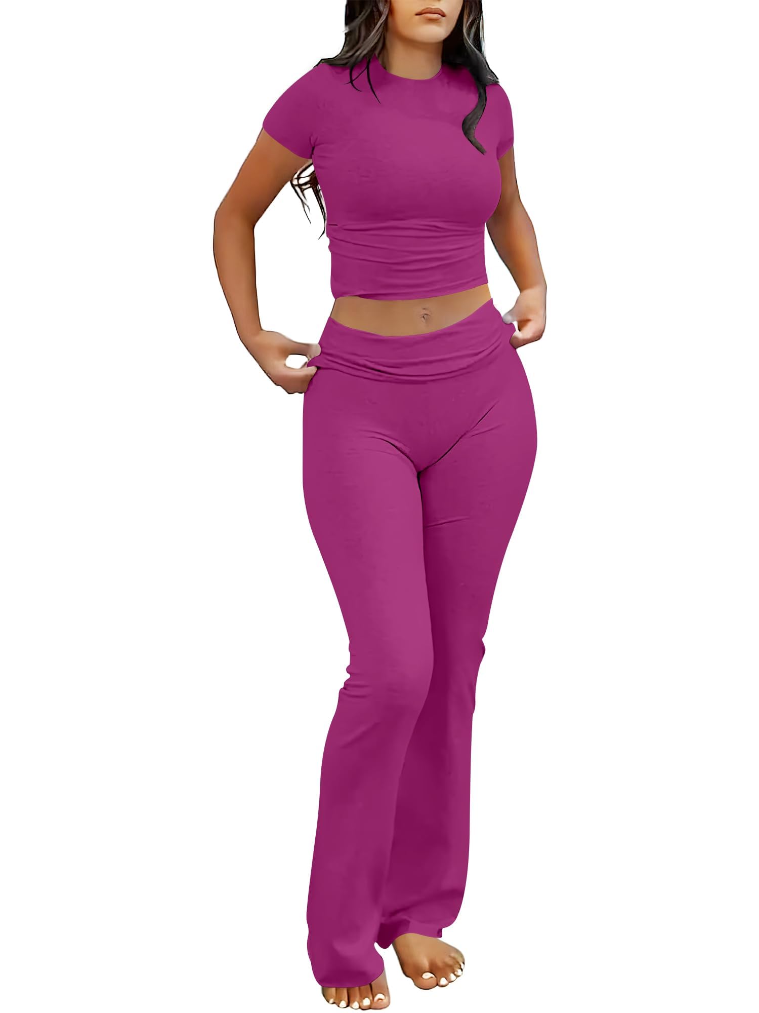 ANRABESS Lounge Sets for Women 2 Piece Foldover Yoga Flare Leggings Pants Crop Tops Casual Y2K Outfits Matching Tracksuit Set