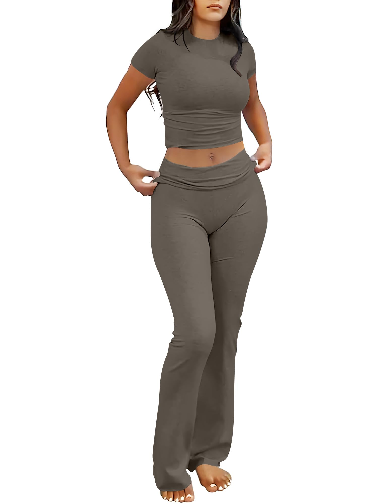 ANRABESS Lounge Sets for Women 2 Piece Foldover Yoga Flare Leggings Pants Crop Tops Casual Y2K Outfits Matching Tracksuit Set